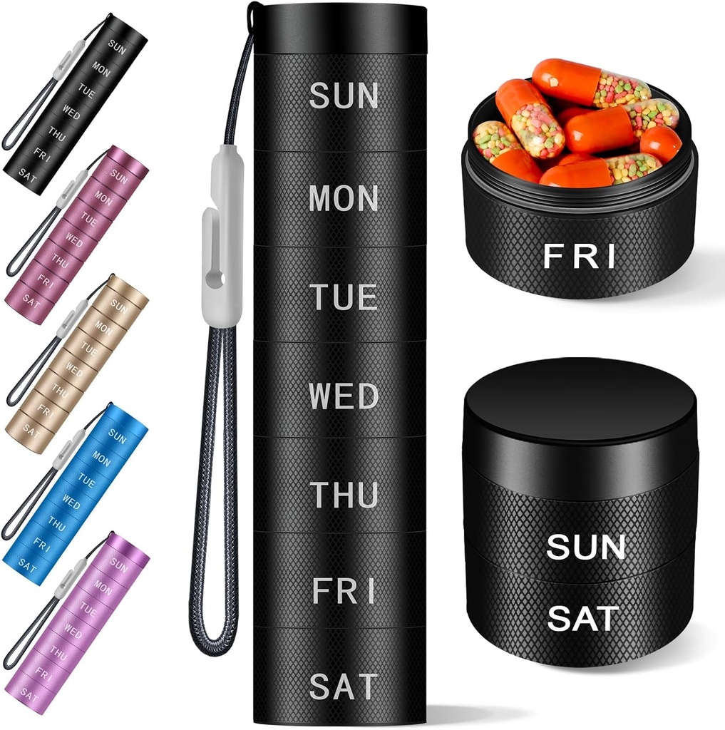 Aluminium Travel Pill Organizer, Weekly Metal Pill Case,Pill Holder, Moisture Proof Waterproof Daily Pill Box 7 Day, Large Pill Container to Hold Vitamins,Medication,Supplements {{Black Knurling}}