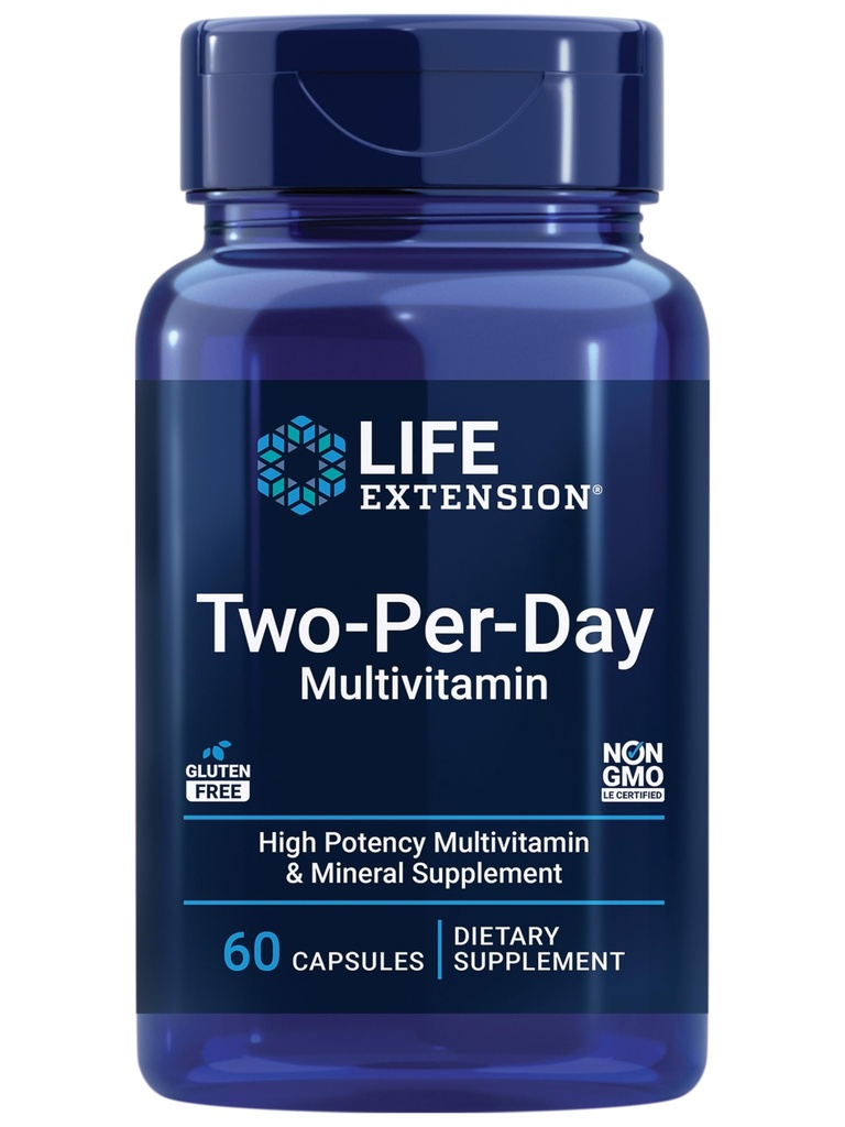Life Extension Two-per-Day Multivitamiini - sydän-, aivo-, verisuoni- ja soluterveydelle Eteerisiä vitamiineja ja kivennäisaineita hyvinvoinnille - kaksi per päivä - Gluteeniton