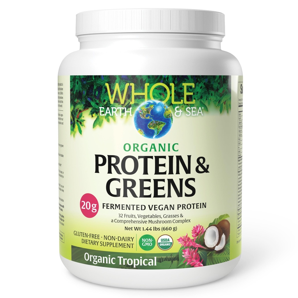 Hela jorden och havet från naturliga faktorer, organiska fermenterade protein & gröna, Vegan Whole Food Supplement, Tropical, 1lb 7.3 Oz