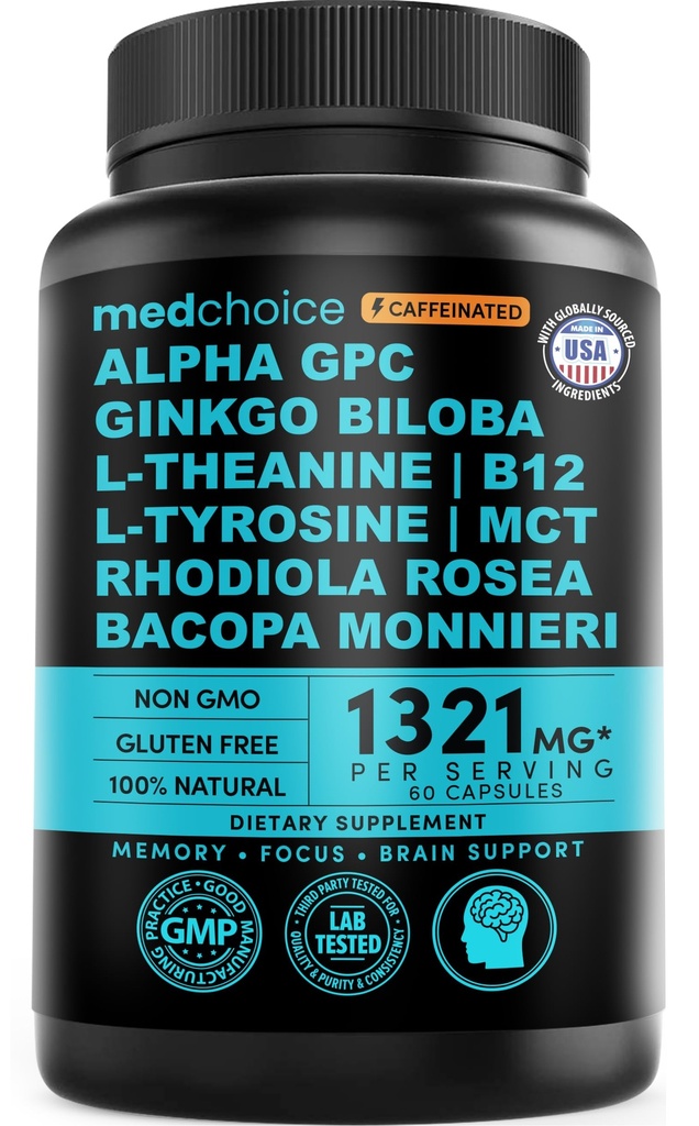 12-in-1 Nootropic Brain Supplement kofeiini Vedetön: Ginkgo Biloba aivojen tukea, muistia ja keskittyä - B12, Alpha GPC, L Theanine ja koliini täydentää Bioperine 1321 mg (60ct)