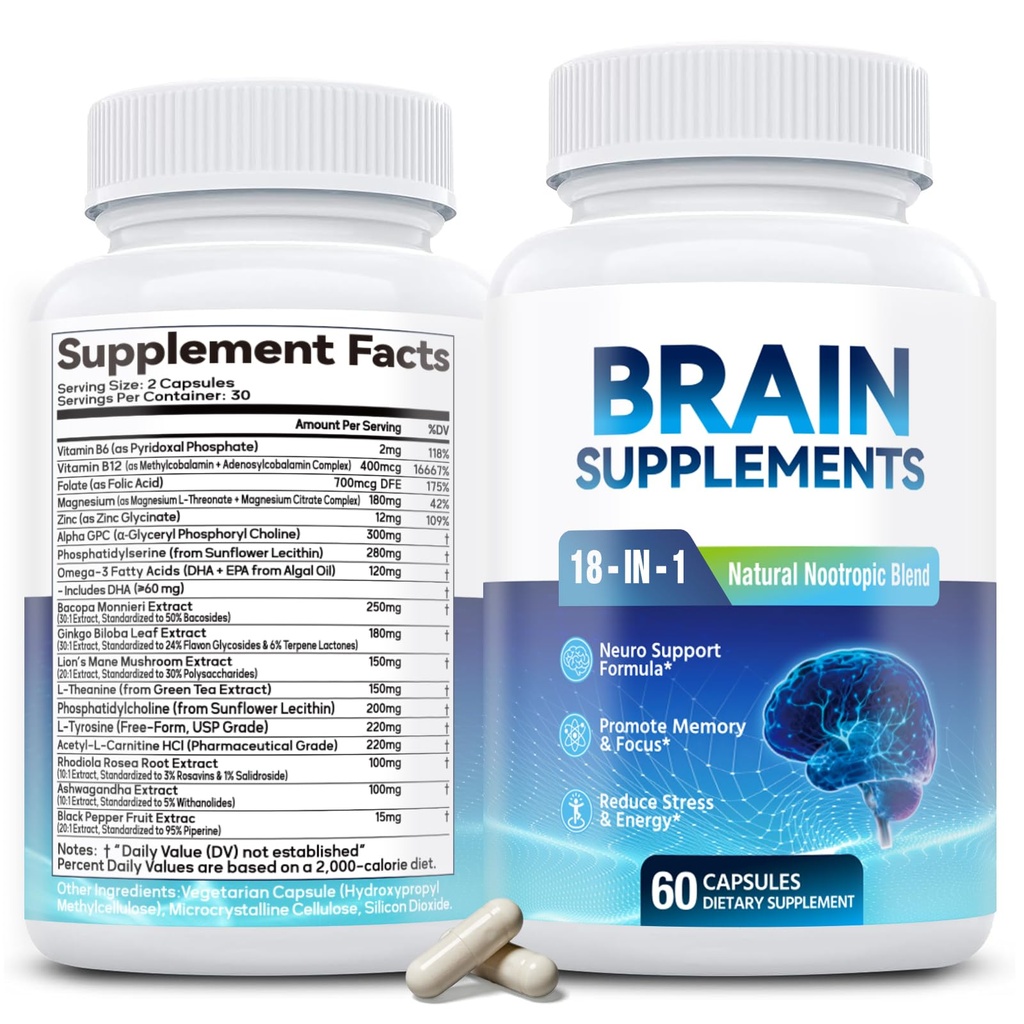 18-i-1 Brain Supplement för minne och fokus - Nootropic Capsules med Alpha GPC, Bacopa, Ginkgo Biloba, Lion's Mane, Vitamin B6 & B12 | Kognitiv hälsa, Mental Clarity | Vegan, icke-GMO