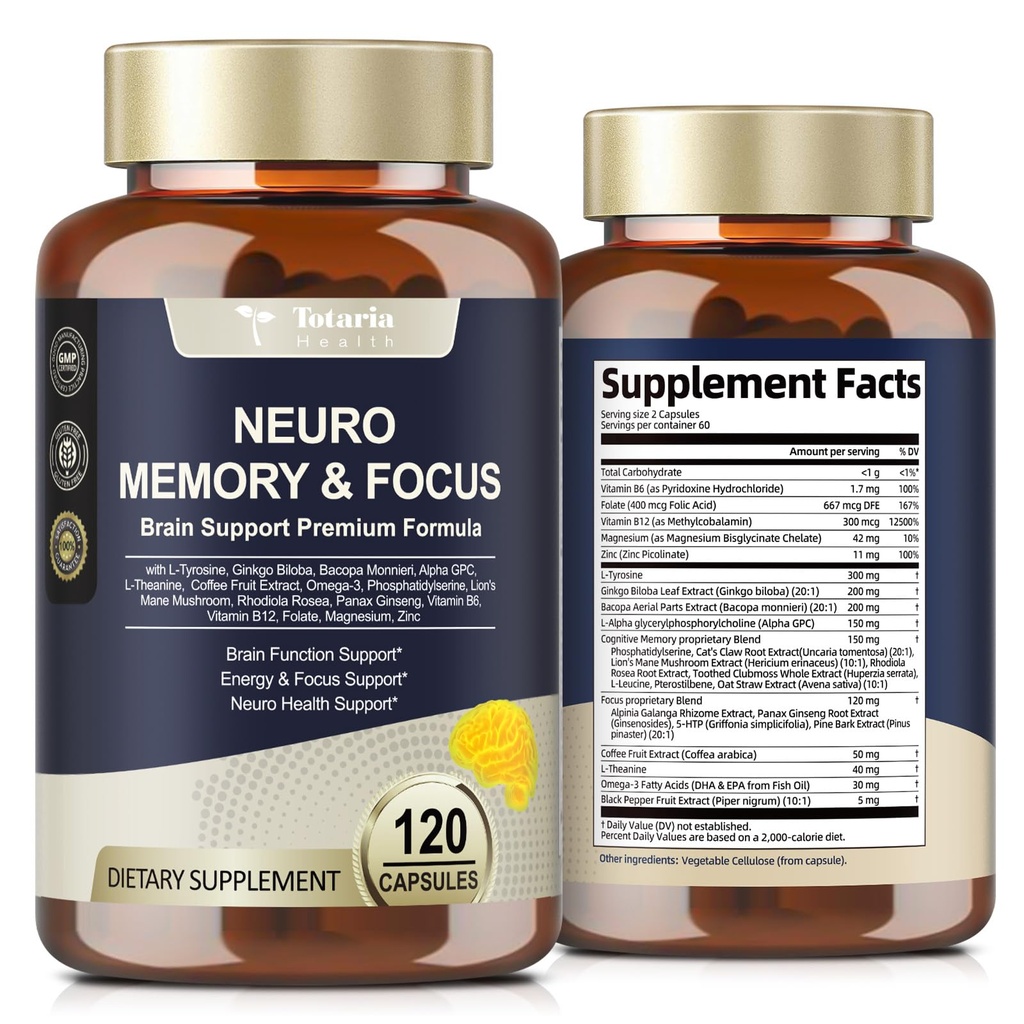 Totaria Brain täydentää muistia ja keskittyä, aivojen terveys L-tyrosiini, Alpha GPC, Ginkgo Biloba, Bacopa Monnieri, Nootropic Cognitive Support - ei-GMO, Gluteeniton (120 kreivit)