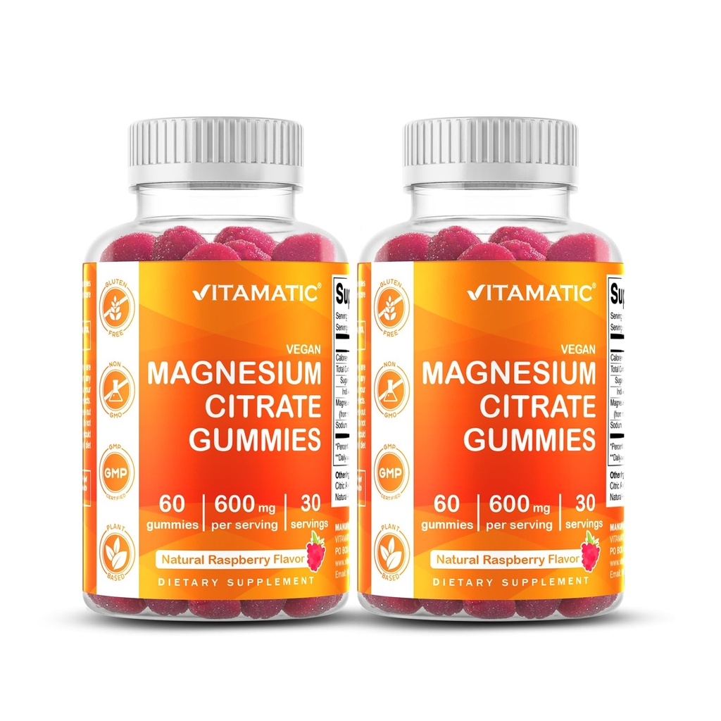Vitamatic Magnesium Citrate Gummies 600mg per servering - 60 greve - Främjar hälsosam relaxation, muskel, ben och energistöd (Pack of 2)
