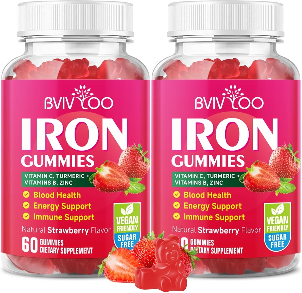 2 Pack Vegan Iron Gummies aikuisille ja lapsille - kanssa C-vitamiini, A, B-komplex, Folaatti, Sinkki, ja Biotiini - verenrakennus-ja energiatuki, 120 Gummie
