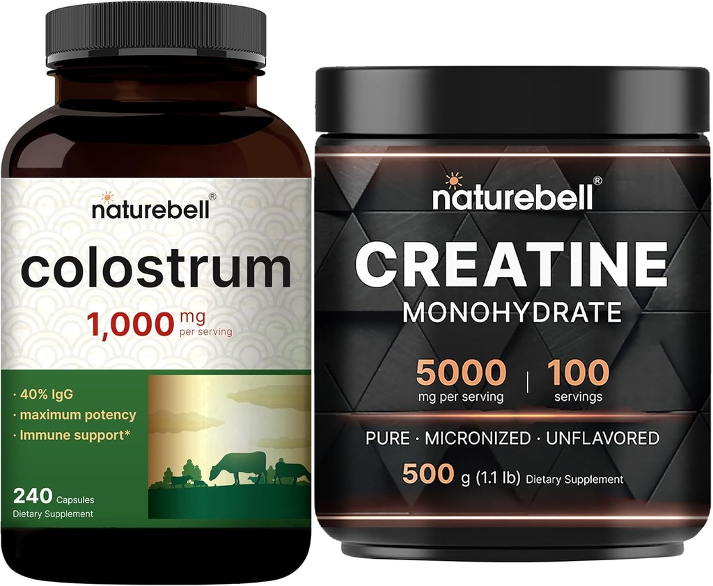 NatureBell Creatine Monohydraatti Powder & Colostrum 240 kapselia 1000 mg Per tarjoilu Bundle Pack ...