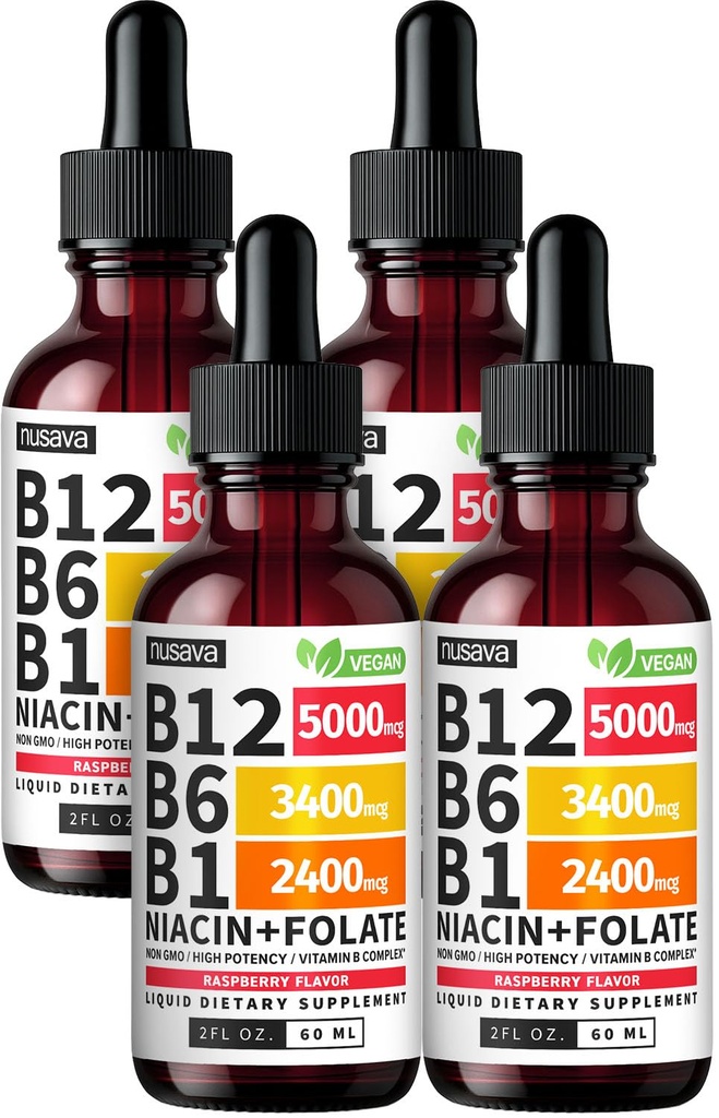 (4 pakkaus) B12-vitamiinia ja B6-vitamiinia nestemäisiä tihkuja, B12-sublinguaalinen B-vitamiinikompleksi - B12-vitamiini 5000 mcg - B12-metyylikobalamiinia energia-, aivo- ja sydäntuki 27200 mcg, vadelma, 80 tarjoilua