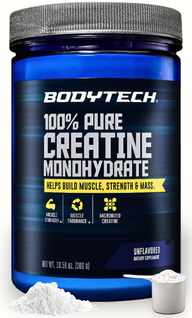 BodyTech Creatine Monohydraatti Powder, makuamaton Micronized Creatine Formula miehille ja naisille, 5g per tarjoilu, Pre Treenout & Post Treenout Supplement, Gluteeniton, Sokeriton, 10.58 Oz, 60 tarjoilua