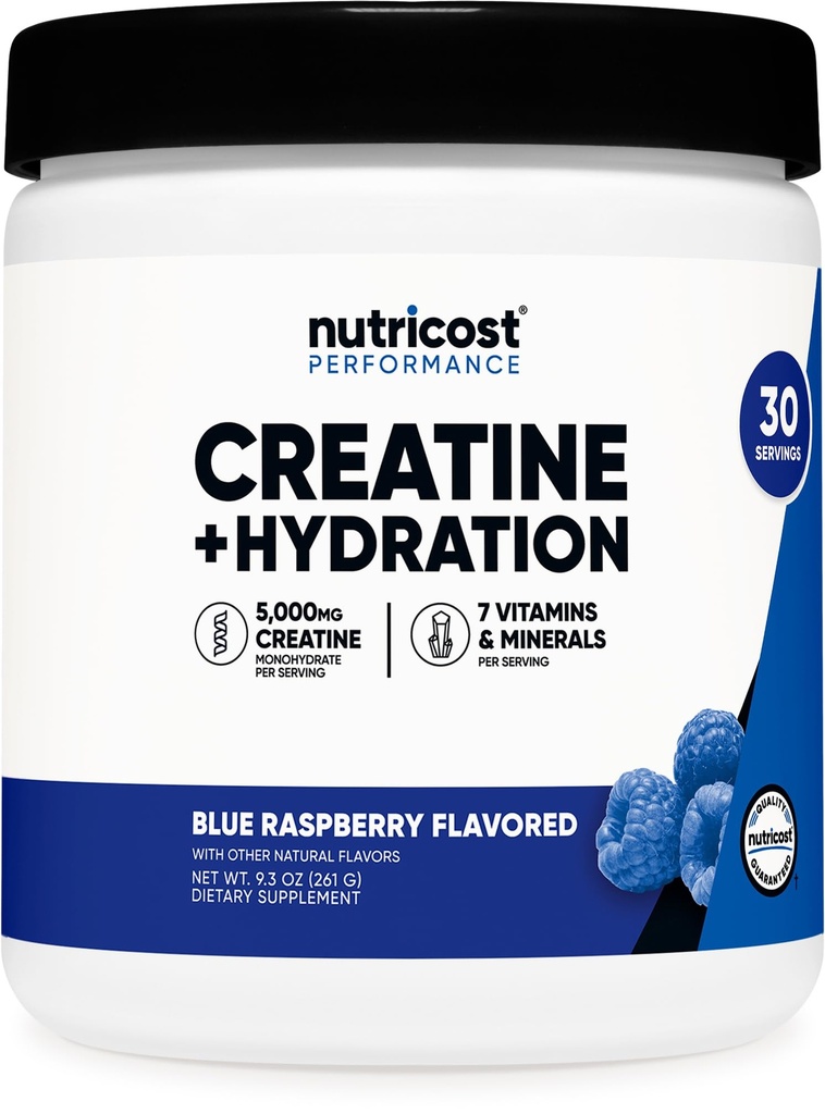 Nutricost Kreatiini Monohydraatti + nesteytys Sininen vadelma maustettu (30 tarjoilua) - 7 vitamiinit & mineraalit, 5000 mg Creatiini per tarjoilu