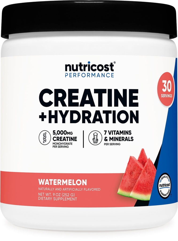 Nutricost Kreatiini Monohydraatti + nesteytys Vesimeloni Maustettu (30 tarjoilua) - 7 vitamiinit & mineraalit, 5000 mg Creatiini per tarjoilu
