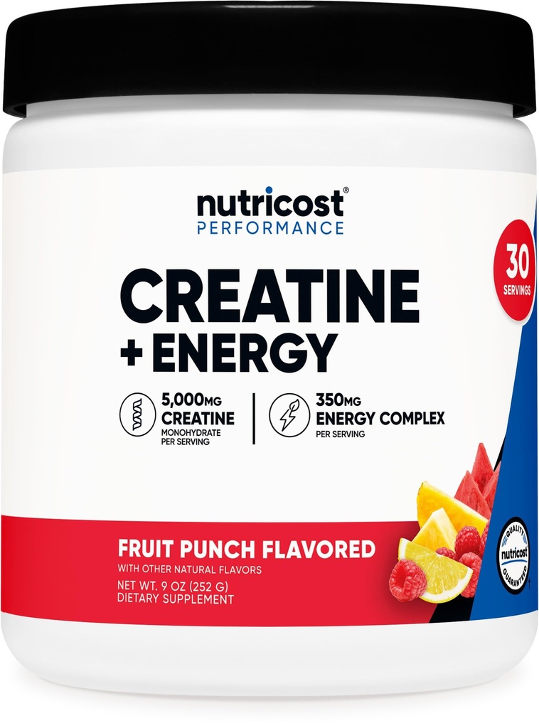 Nutricost Creatine + Energy 30 Tarjoilut (Fruit Punch Flavored) - 5 000 mg Creatine Monohydraatti + 350 mg Energy Complex per Serving