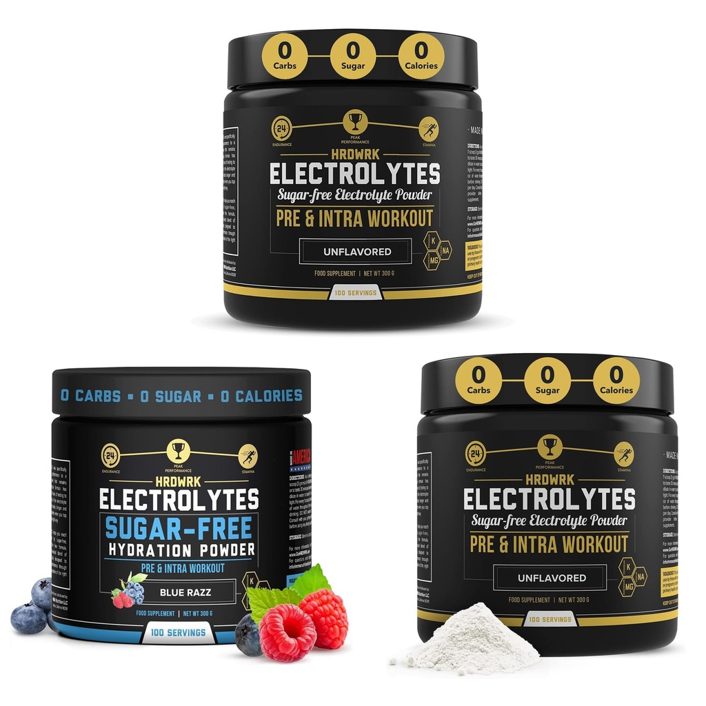 HRDWRK - 100 Tarjoilut Keto Elektrolyytit Powder Hydration Sugar Free - Elektrolyyttijauhe parantaa kestävyyttä ja vähentää väsymystä Elektrolyyttien täydentää (Ei makua Set 2 & Blue Razz)