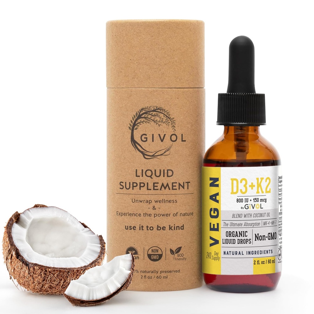 D3 + K2 Liquid Drops med MK-4 & MK-7 -Non-GMO, Gluten-Free, Sugar-Free, Easy Absorption, Liquid Spray för barn & vuxna - 2 Fl Oz / 60 ml, 240 Day Supply