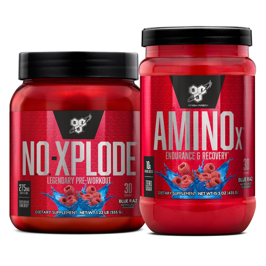 BSN harjoitus Bundle NO XPLode Pre workout Powder Blue Raz, 30 Palvelee AMINO X Lihas Recovery Intra workout tuki, kofeiiniton Blue Raz, 30 tarjoilua