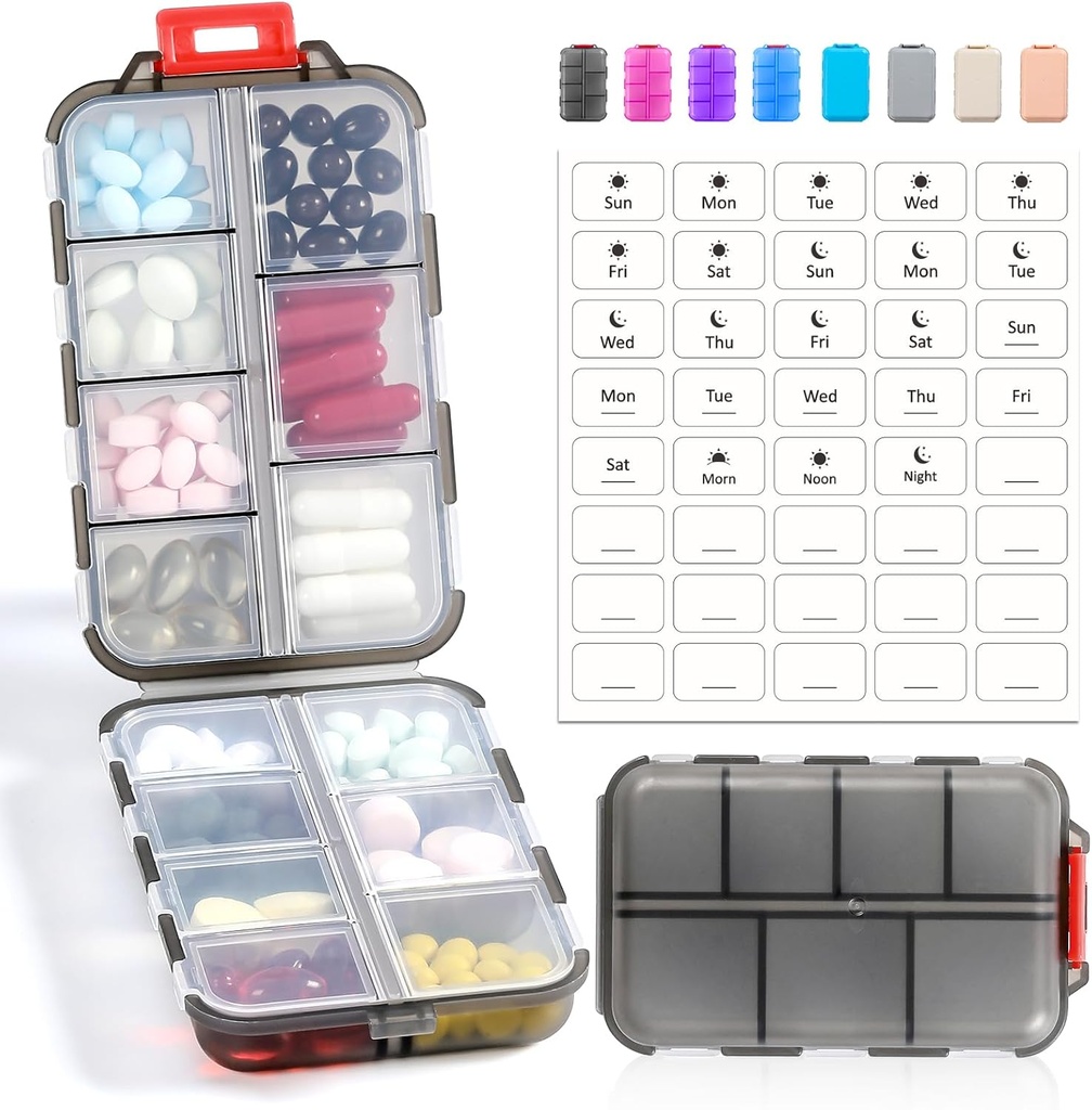 14 GRIDS Travel Pill Organizer Box med etiketter - Travel Medicine Case Kit - Pocket Daily Pharmacy Container - Travel Medication Holder Dispenser för Fish Oil Vitamin Supplement Storage - Clear Gray