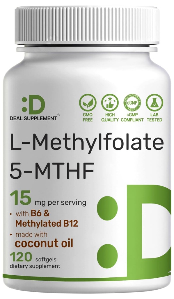 DEAL-Liite L-Metyylifolaatti 15 mg per serving, 120 Cococonut Oil Softgels 3-in-1 aktiivilla 5-MTHF Methylated B9, B6 & Methylated B12 