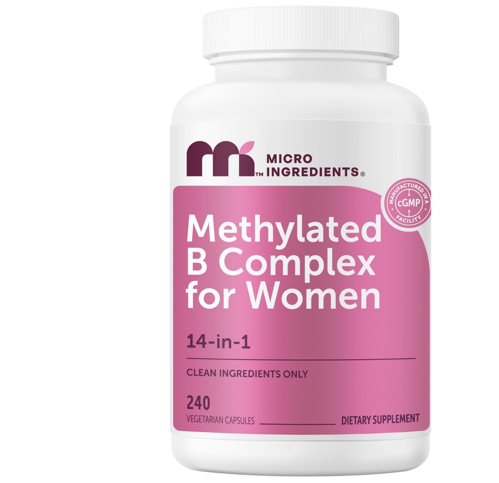 Micro Ingredients Methylated B Complex for Women, 240 Kasvissyöjäkapselia ... Aktivoidut B-vitamiinit metyylifolaatilla, metyyli B12: lla, DIM: lla ja inositolikompleksilla...