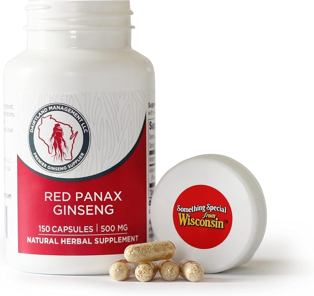 Dairyland Management LLC 100% Authentic Korean Red Panax Ginseng Kapselit -500 mg. Potent Ground Ginseng juuriuutejauhe - Ei täyteaineita, Binders tai muita lisäaineita. (150 ct)