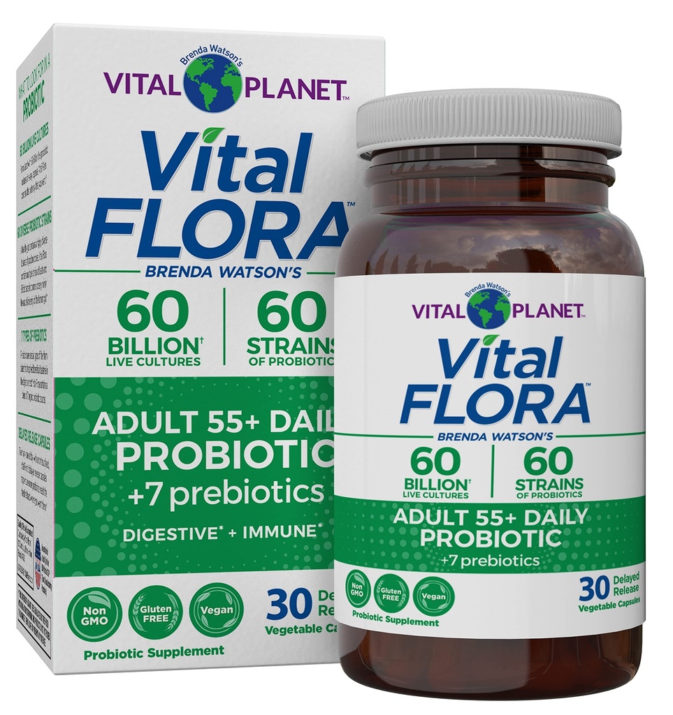 Vital Planet - Vital Flora vuxna över 50 Daily Probiotic 60 Billion CFU, 60 Diverse Strains, 7 Organiska Prebiotika, Immune Support, Gas, Digestive Health Probiotics för kvinnor och män, 30 kapslar