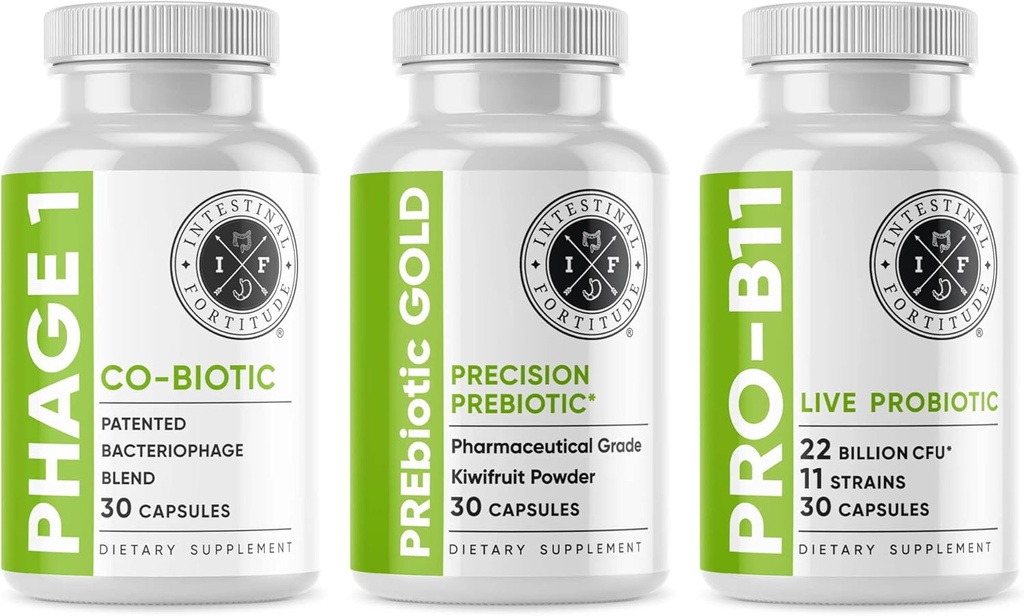 Intestinal Fortitude Gut Health Supplement Bundle - PREbiotic Gold, PRO-B11, Phage 1 - w / Gold Kiwifruit Pectin, SCFAs och 22 miljarder CFU för Microbiome Support, Gluten, Soy och Dairy-Free Capsules