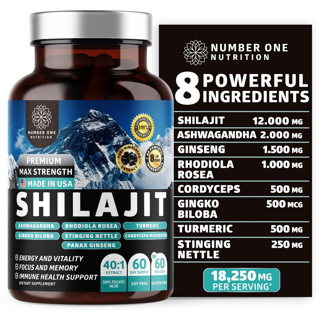 Puhdas Himalajan shilajit naisille ja miehille [50% Fulvic Acid] Parempi kuin hartsi Ashwagandha, Ginseng, Turmeric, Gingko Biloba, Stinging Nettle, Cordyceps tukea energiaa ja immuniteettia, 60Caps