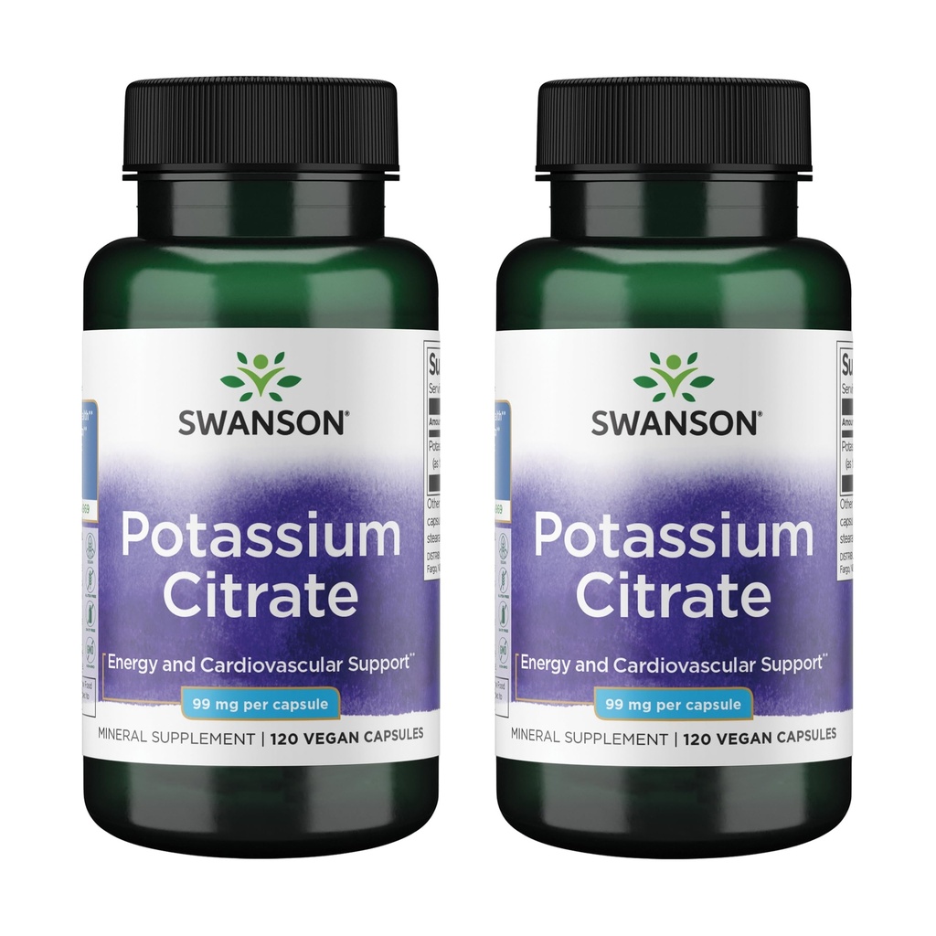 Swanson Kaliumsitraatti - Mineral Supplement Promoting Heart Health & Energy Support - Aids Optimal Hermo & Munuaisten toiminta luonnollisia ainesosia - (120 kapselia, 99 mg Each) (2 pakkaus)