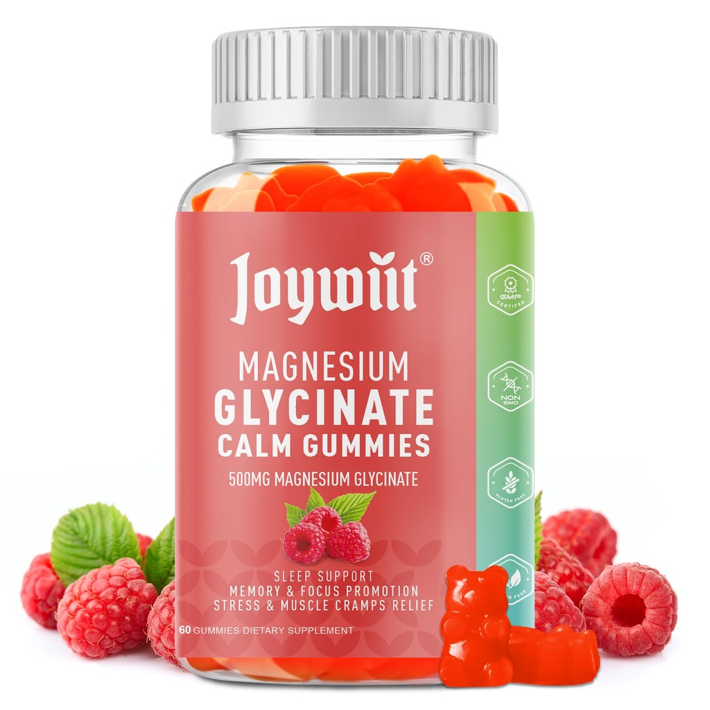 Magnesium Glycinate Gummies 500 mg Magnesium Supplement Gummies, Threonate 200 mg, D-vitamiini, B6,B12,Calm Mood, Muscle Relief, Nerve Health, Bone Support- 60