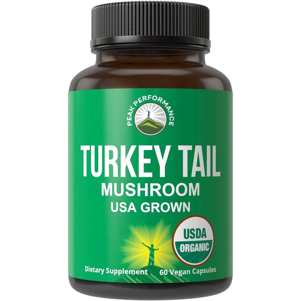 Peak Performance Organic Turkey Tail Kapselit - USA Grown Made with Real Turkey Tail Mushroom. Immuunijärjestelmän tuki Luonnollisesti Harvesti Sieni täydentää immuniteetin. Vegan Supplement Extract