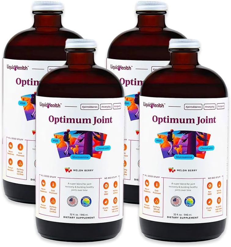 LIQUIDHEALTH Optimum Joint tuki Liquid Multivitamiini kanssa Glukosamiini, Chondroitin, MSM, Hyaluronic Acid - lisätä liikkuvuutta, yhteinen mukavuus, Runners &amp; urheilijat - Valmistettu Yhdysvalloissa, Vegan (4 pakkaus)