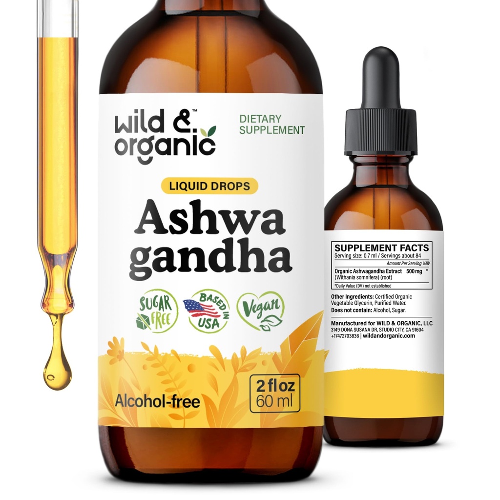 Wild & Organic Ashwagandha Liquid Drops - rauhoittava Ashwagandha juuriuute rentoutumista varten - 1-kuukautinen tarjonta - kasviperäisten lisäravinteet naisille ja miehille - Vegaani, sokeri & alkoholiton Tincture - 2 fl oz