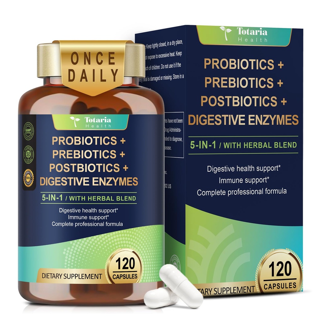 Totaria 5-i-1 60 miljarder CFU Probiotic Prebiotic & Postbiotic för kvinnor och män, w/Digestive Enzymes, Slippery Elm, Daily Complete Gut Health, Digestive & Immune Support, 4 månaders leverans, Vegan