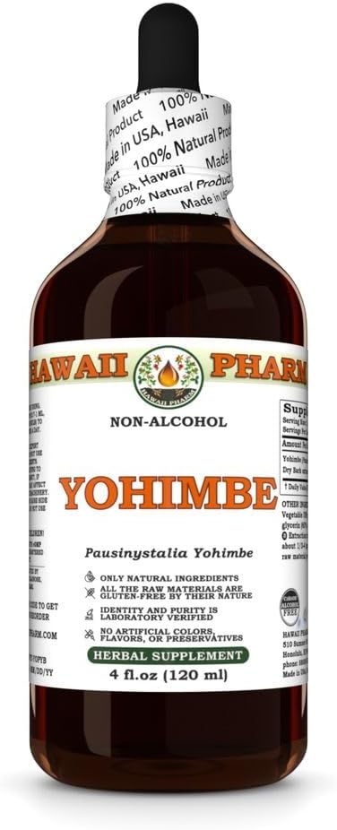 Yohimbe (Pausinystalia Yohimbe) Dry Bark Glycerite, Made in Havaiji, All Natural, Vegan, Lab Tested Alkoholiton Liquid Extract - 4 fl.oz