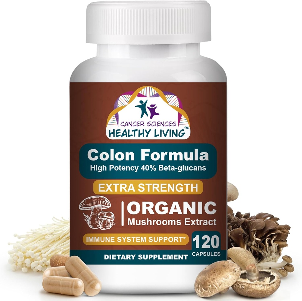 Syöpätieteet Colon Wellness Supplement, USDA Certified Organic Sieniä uute, extra vahvuus 1500 mg, korkea teho 40% Beta-Glukaanit, immuuni, Gut & Dgestive, Colon Cleanse & Detox, 120 Caps