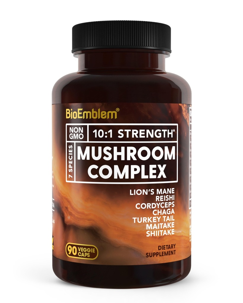 BioEmblem Mushroom Complex - 10:1 Vahvuus ja 7 Lajit - Lions Mane, Reishi, Cordyceps, Chaga, Maitake, Shiitake Mushroom Supplement - Immuniteetti, energia & Focus, aivot - ei-GMO, Vegan - 90 Caps