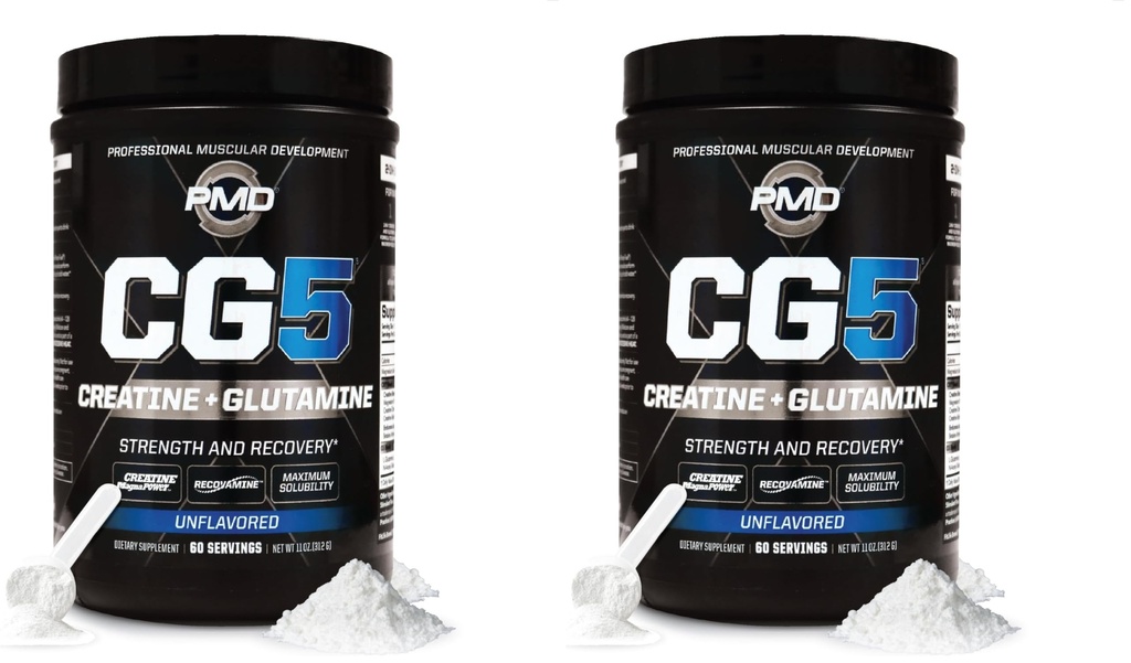 PMD Sports CG5 Premium Creatiini & L Glutamiini Powder, Power Recovery, Rakenna Lean Muscle, Lisätä harjoittelu suorituskykyä, suurin vahvuus Pre Treenata & Post Treenata, Ei makua, 60 tarjoilua (paketti 2)