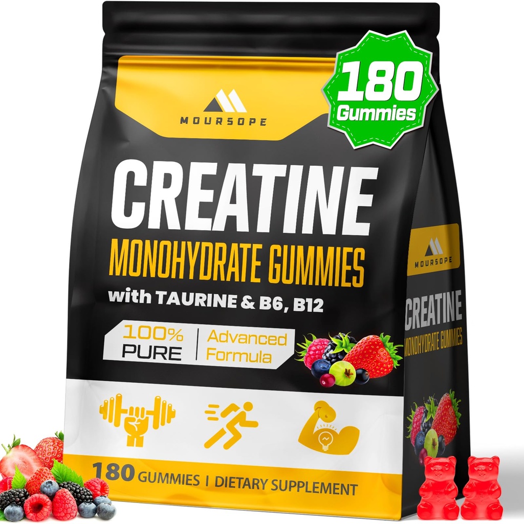 (180 Count) Creatiini Monohydraatti Gummies for Men & Naiset - Creatiini Pre Treout Gummies for Muscle Builder, Lihasvoima, elpyminen, Endurance, energia, Creatiini naisten ja miesten, Vegan, Mixed Berry