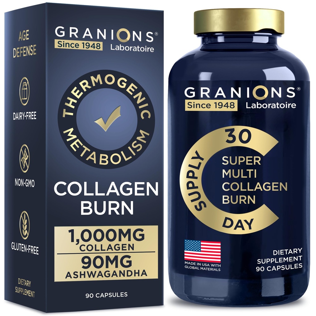 Granions Thermogenic Hydrolysed Collagen Burn - Hyaluronihappo, C-vitamiini - Selluliitti puolustus ja dermal korjaus Multi Collagen Peptides kapselit naisille ja miehille - 90 pillereitä