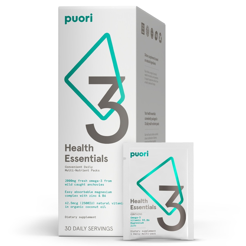 Puori P3 Health Essentials - Monivitamiinit miesten ja naisten - 30 Servings - Omega 3, D-vitamiini, Magnesium, Sinkki - Multi-Nutrient aivot ja energia