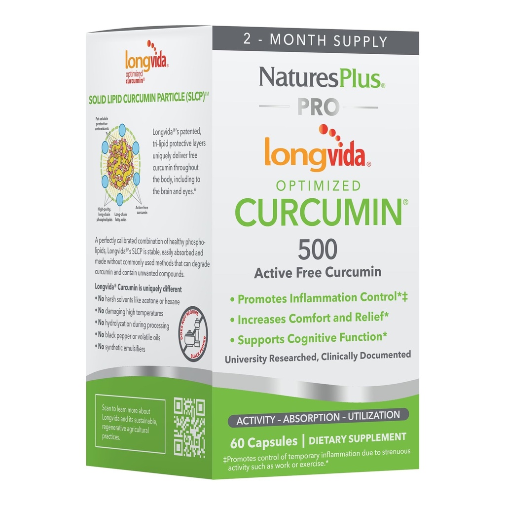 NaturesPlus PRO Longvida Curcumin 500 mg - 60 kapselia - Edistää terveellistä vapaata radikaalisuojaa - ei-muuntogeeniset organismit, vegaaniset ja gluteenittomat - 60 tarjoilua