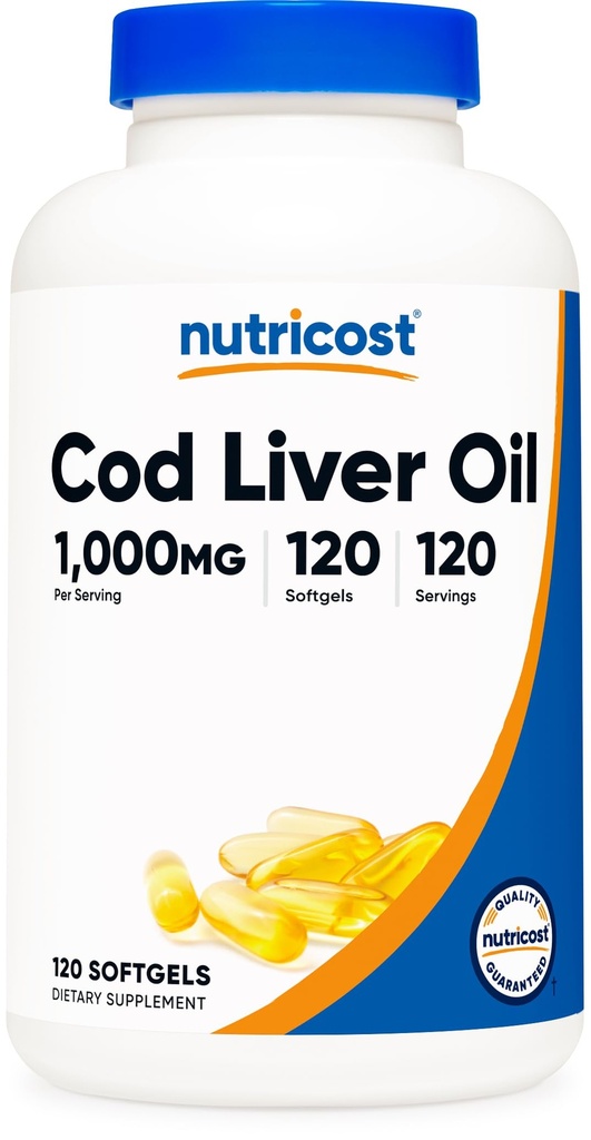 Nutricost Turska Maksaöljy 1000 mg, 120 Softgels - ei-GMO & Gluteeniton
