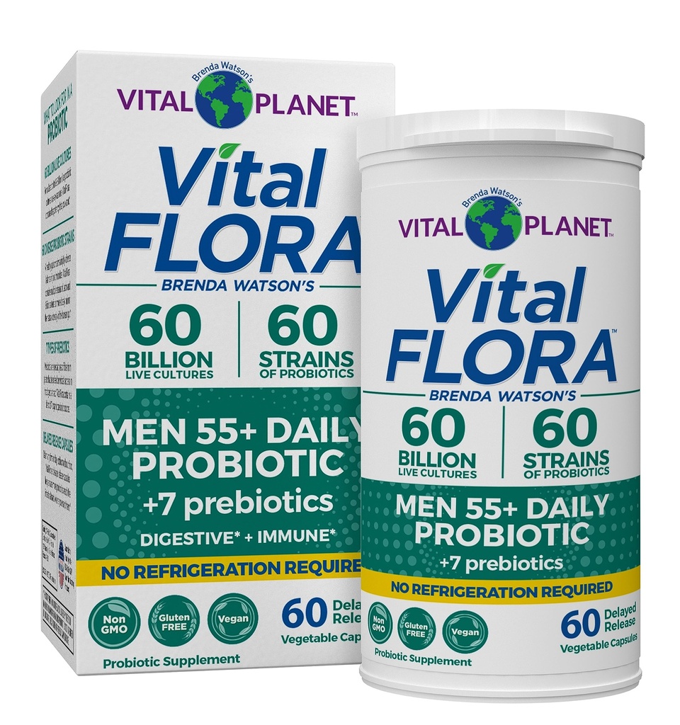 Vital Planet - Vital Flora Men Over 55 Daily Probiootti, 60 miljardia PMY, Diverse Strains, Organic Prebiootit, Immuunituki, Ruoansulatusterveyden hylly vakaa probiootit miehille, 60 kapselia