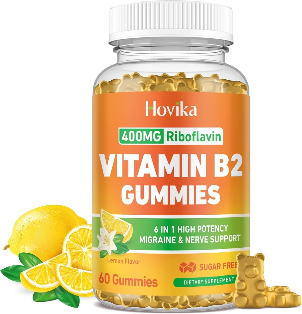 B2-vitamiini Gummies Riboflaviini 400 mg täydennys miehille ja naisille - puhdas magnesium, Ashwagandha, CoQ10, Omega 3, B12-vitamiini - Migreeni Relief & Energy, Hermosto tuki - sokeriton, 60