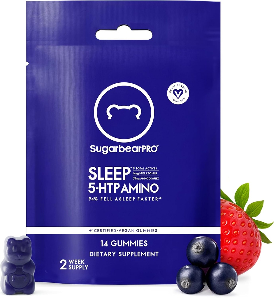 SugarBearPro unipurukumi 14 päivää, lisävahvuus melatoniini 6 mg, miesten ja naisten, vegaaninen B6-vitamiini, L-Theanine, 5 HTP, Valerian, unilääke aikuisille ja nuorille, Certified Kosher