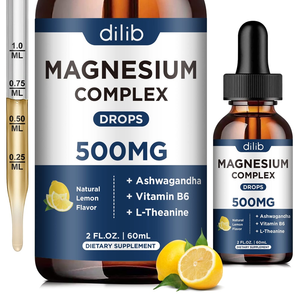 Magnesium Glycinate Liquid Drops, Triple Magnesium Complex Supplement med Citrate, Malate 500mg Ashwagandha, L-Theanine, Vitamin B6 för sömn, lugn, ben, muskel, humör - Lemon Flavor