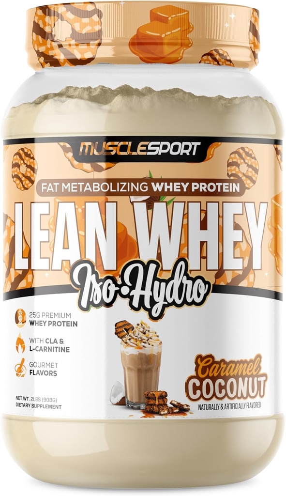Musclesport Lean Whey RevolutionTM Protein Powder - Whey Protein Isolate - Low Calorie, Low Carb, Low Fat, Incredible Flavors - 25g Protein per Scoop (2LB, Coconut Caramel)