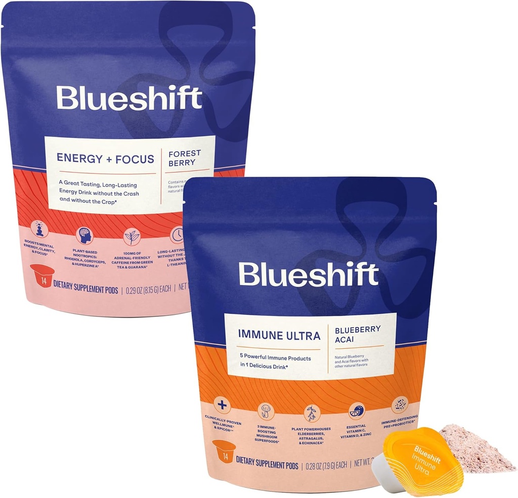 Blueshift Energy + Focus & Immuuni Ultra Bundle - Energy Drink Pods, Immune Support Powder, Drink Mixes for Energy & Immuunire Defense, Vitamiini täydentää - Energy + Focus (14 Pack) & Immuuni Ultra (14 Pack)