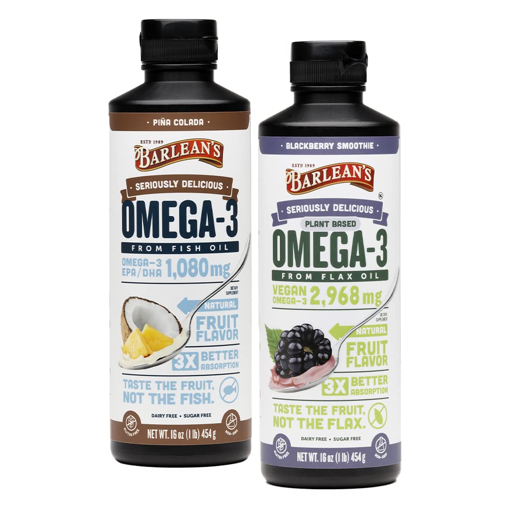 Barleanin Omega 3 Liquid Supplement Bundle, BlackBerry Smoothie Pellava Seed Oil ja Piña Colada Fish Oil Lisäravinteet Set, 16 oz
