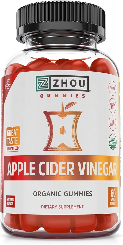 Zhou Apple Siideri Viinietikka Gummies - ACV Gummies naisten ja miesten kanssa Elderberry, Delicious Maku Raw Cane Sugar, USDA Organic - 60 Vegan Gummies