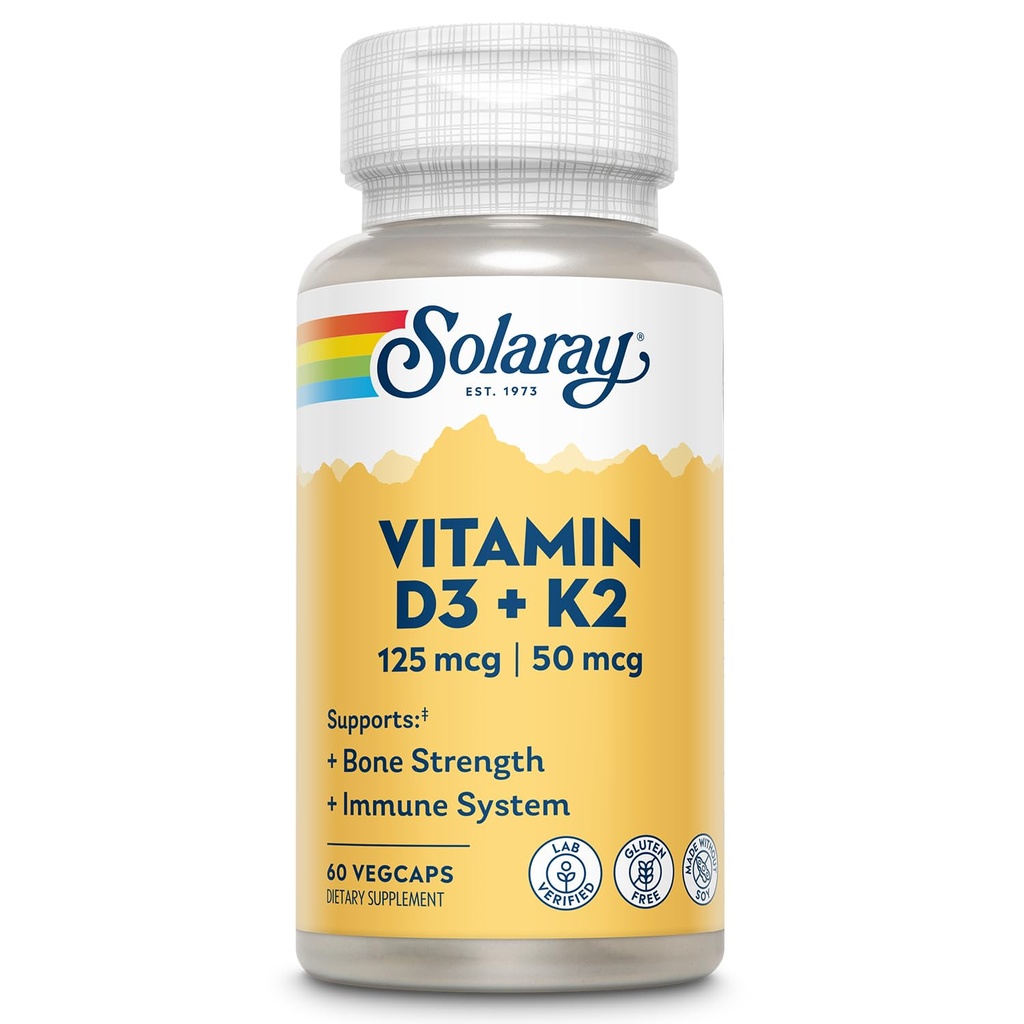 SOLARAY-vitamiini D3 K2 - Bone Health and Immune Support Supplement - 5 000 IU D-vitamiinia VIT D3 ja 50 mcg K2-vitamiinia Menokinoni MK7, Valmistettu ilman soijaa, 60 päivän takuu, 60 Serv, 60 VegCaps