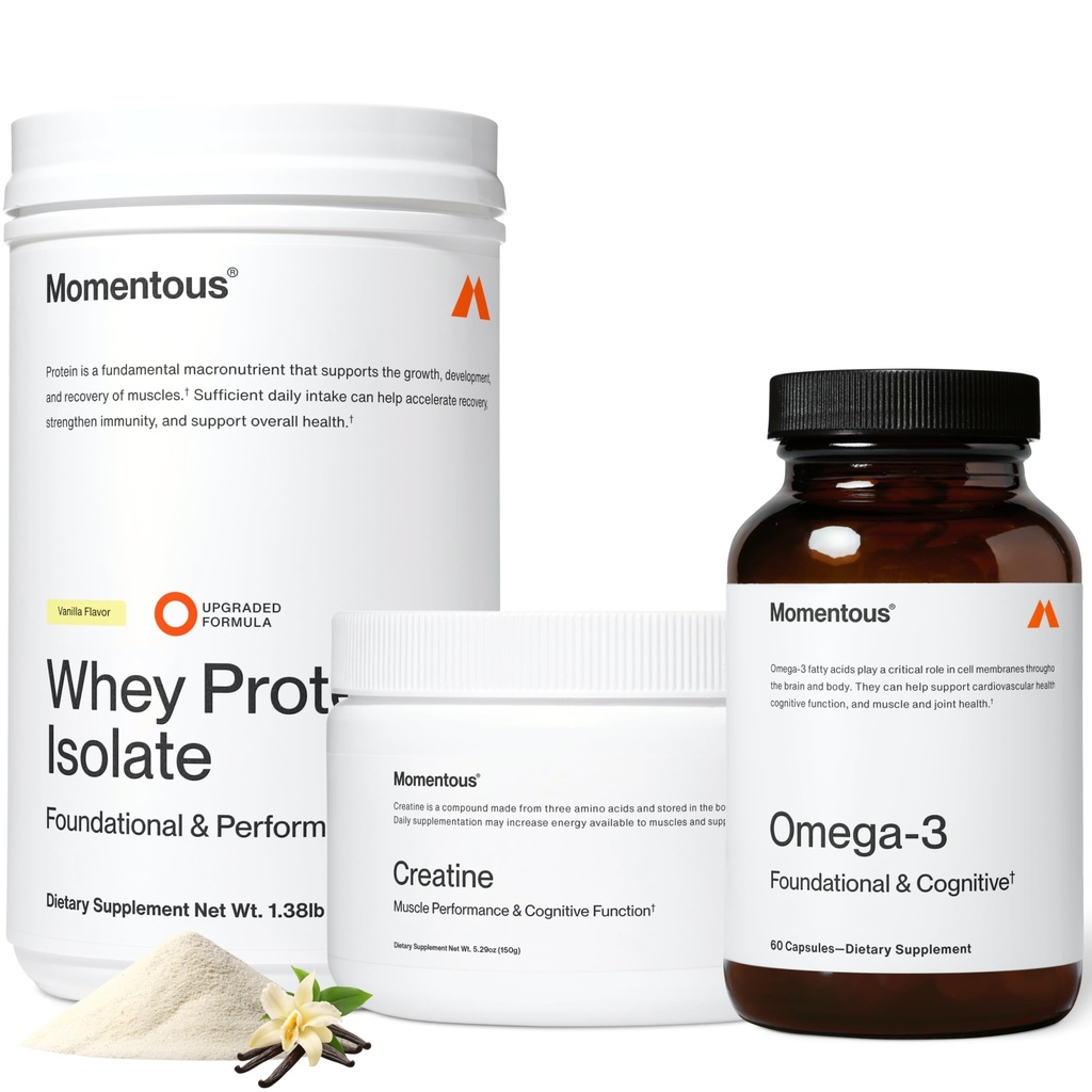 Momentous Three - Creatiini Monohydraatti Powder (30 tarjoilua), Grass-Fed Whey Protein Powder (Vanilla) & Omega-3 Fish Oil 1600mg - Daily Essentials for Strength, Performance & Lean Muscle Recovery