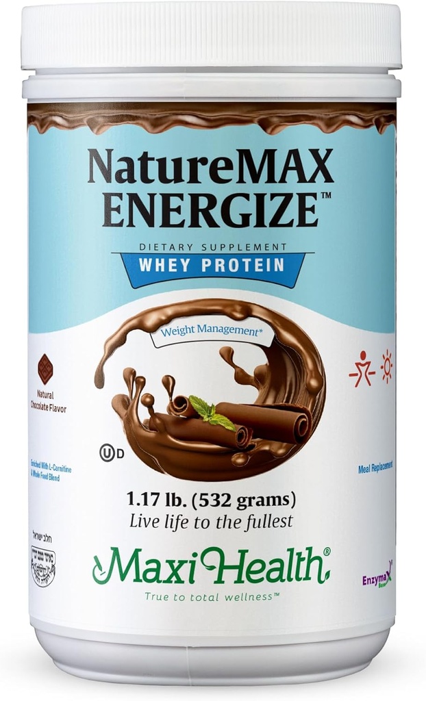 NatureMax EnergizeTM Whey Protein Powder - Energia- Tuki Aterian korvaaminen - 20g Protein Per Serving - Luonnollinen suklaa maku - Kosher Dairy Vitamiini - 1.17lb